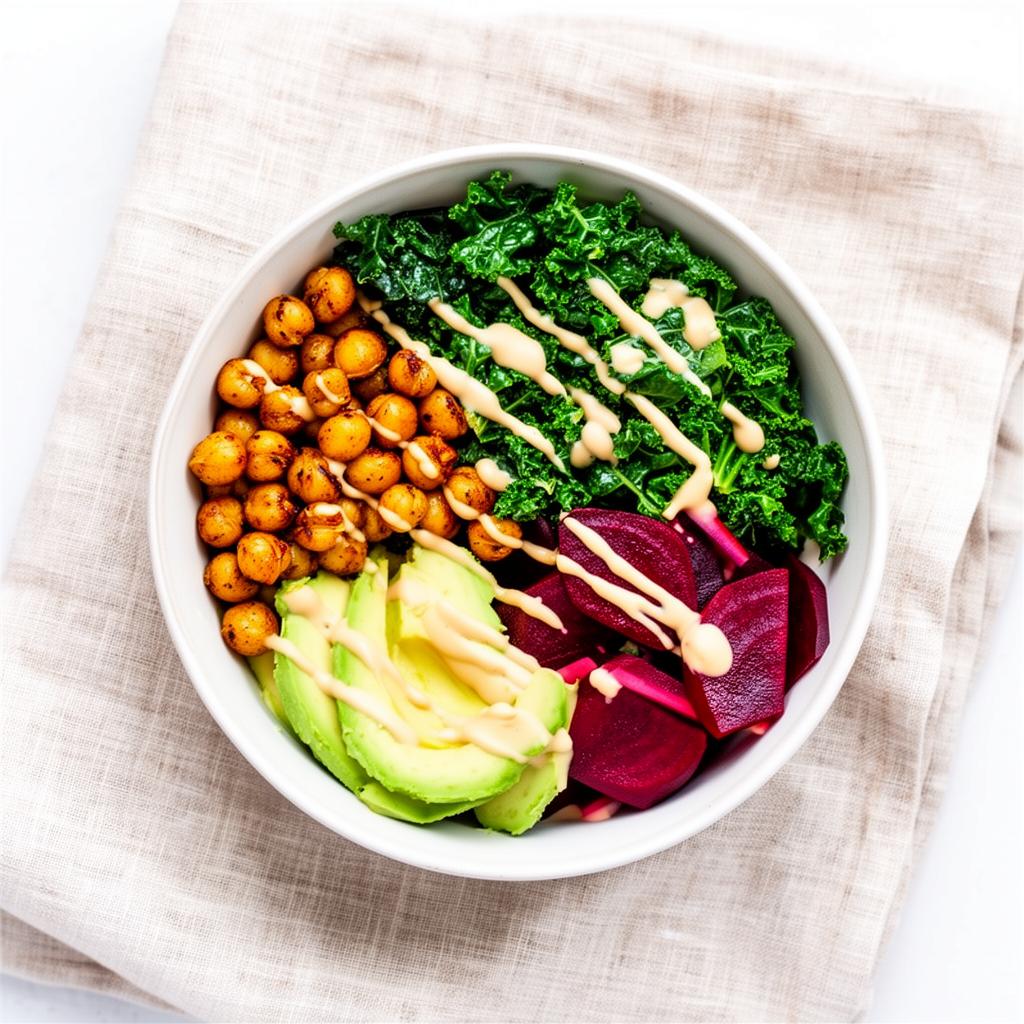 Seasonal grain bowl with chickpeas, kale, avocado and tahini