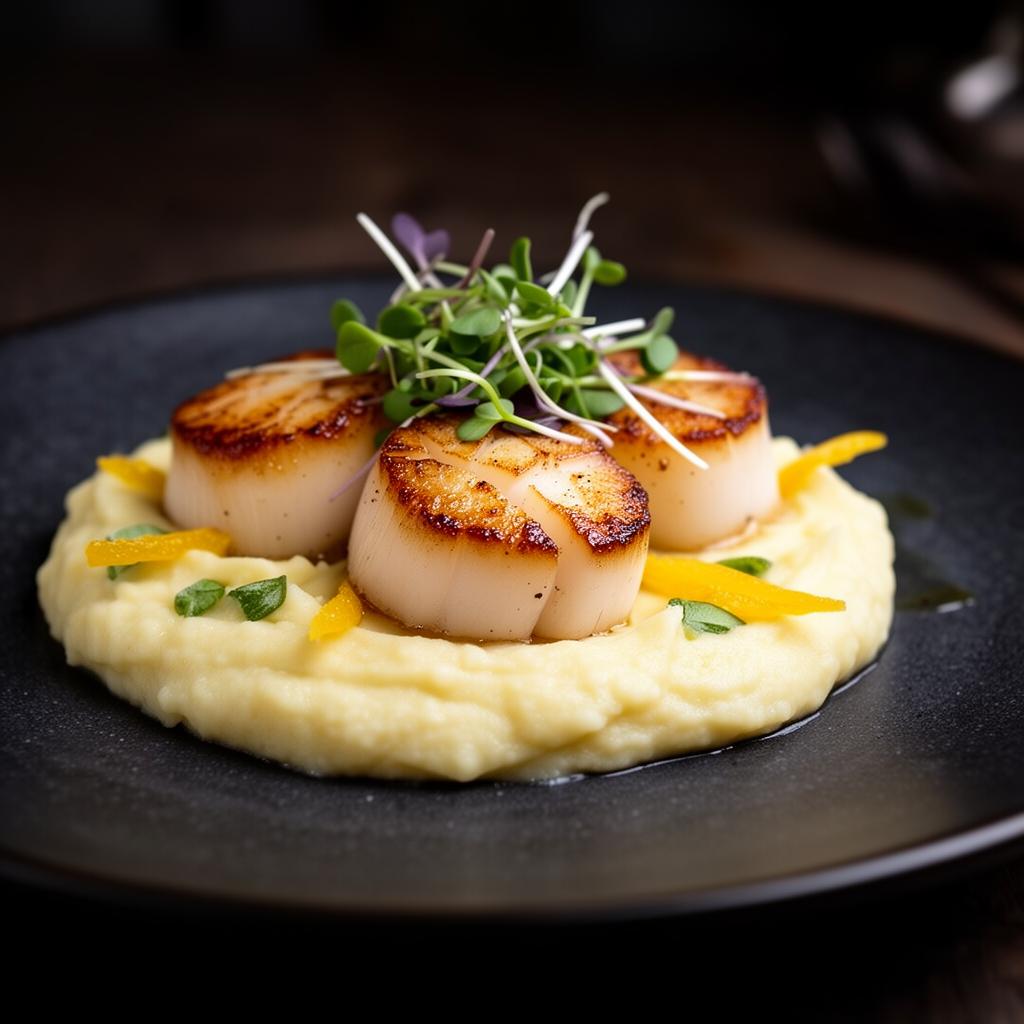 Seared scallops over cauliflower puree