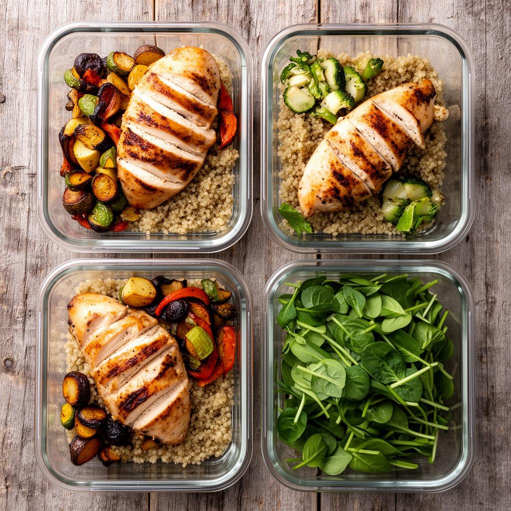 Weekly meal prep containers with grilled chicken and roasted vegetables