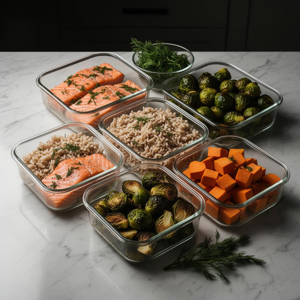 Salmon, brown rice, and roasted vegetables prepped for the week